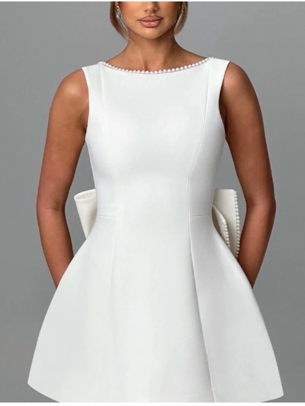 Pearl-Trim White Back-Bow Mini Dress - Picture 2 of 4